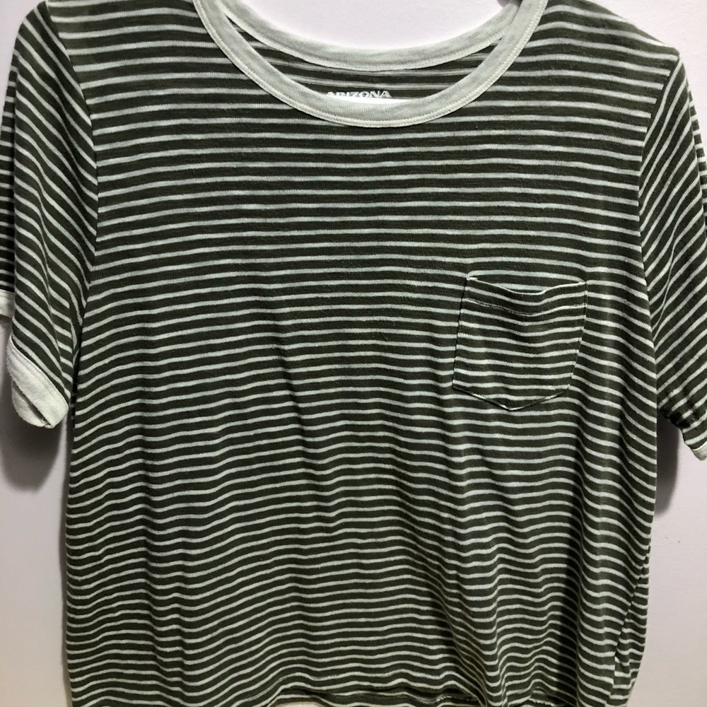 Olive green and white striped tee